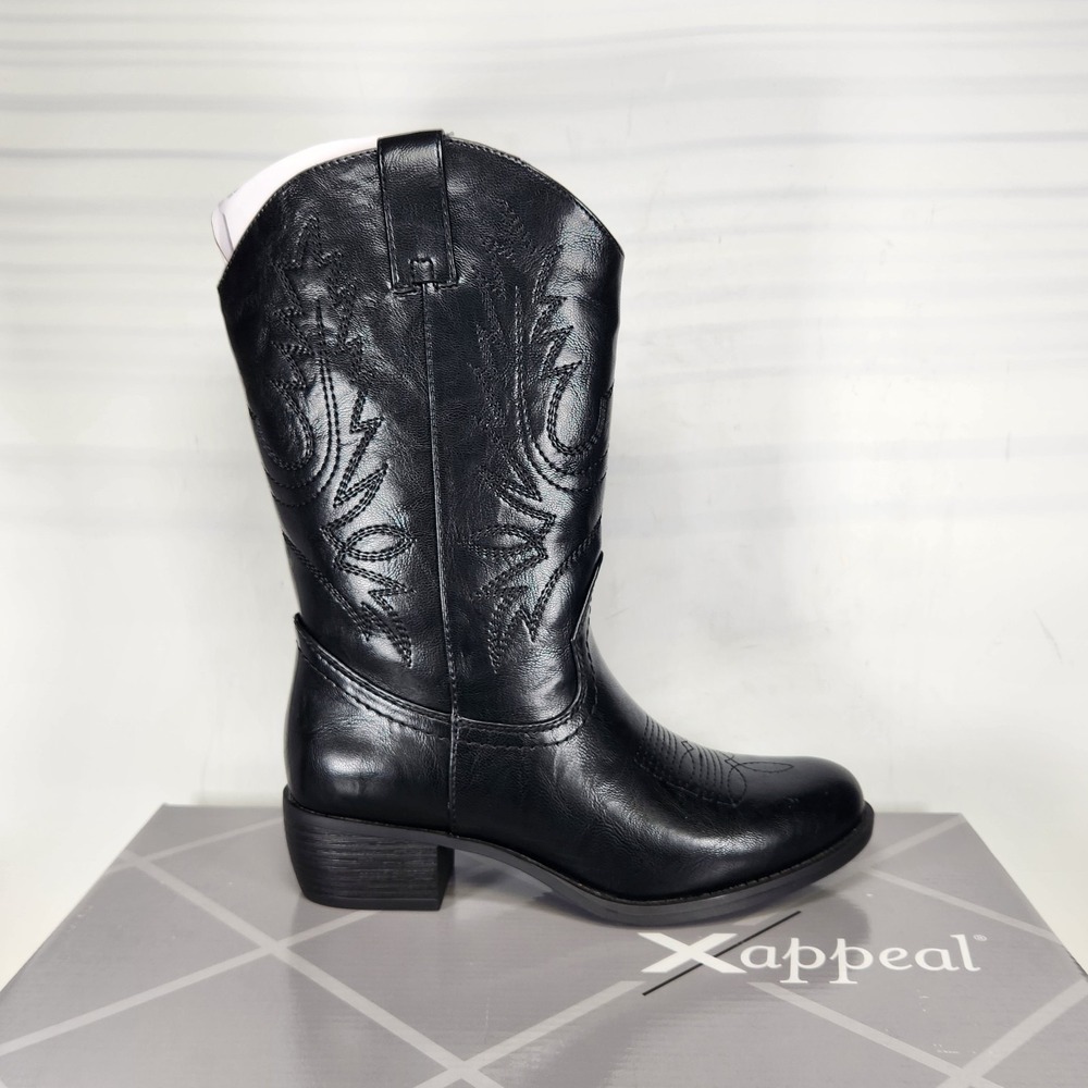 Xappeal Twain Western Boot Women Size 6 Black Pull On Cowboy Mid Calf Stitching